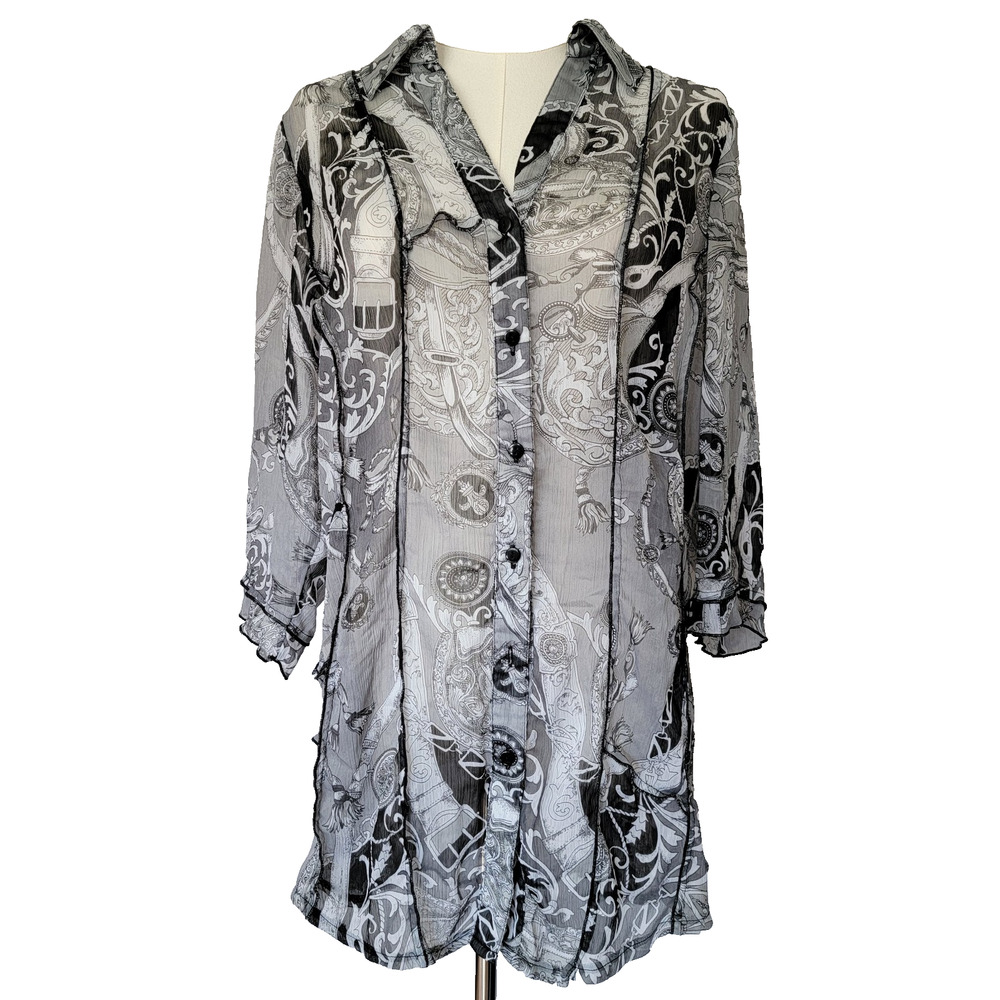 Lana Lee Equestrian Sheer Blouse Womens L Whimsy Saddle Rope Belt Horse Gray